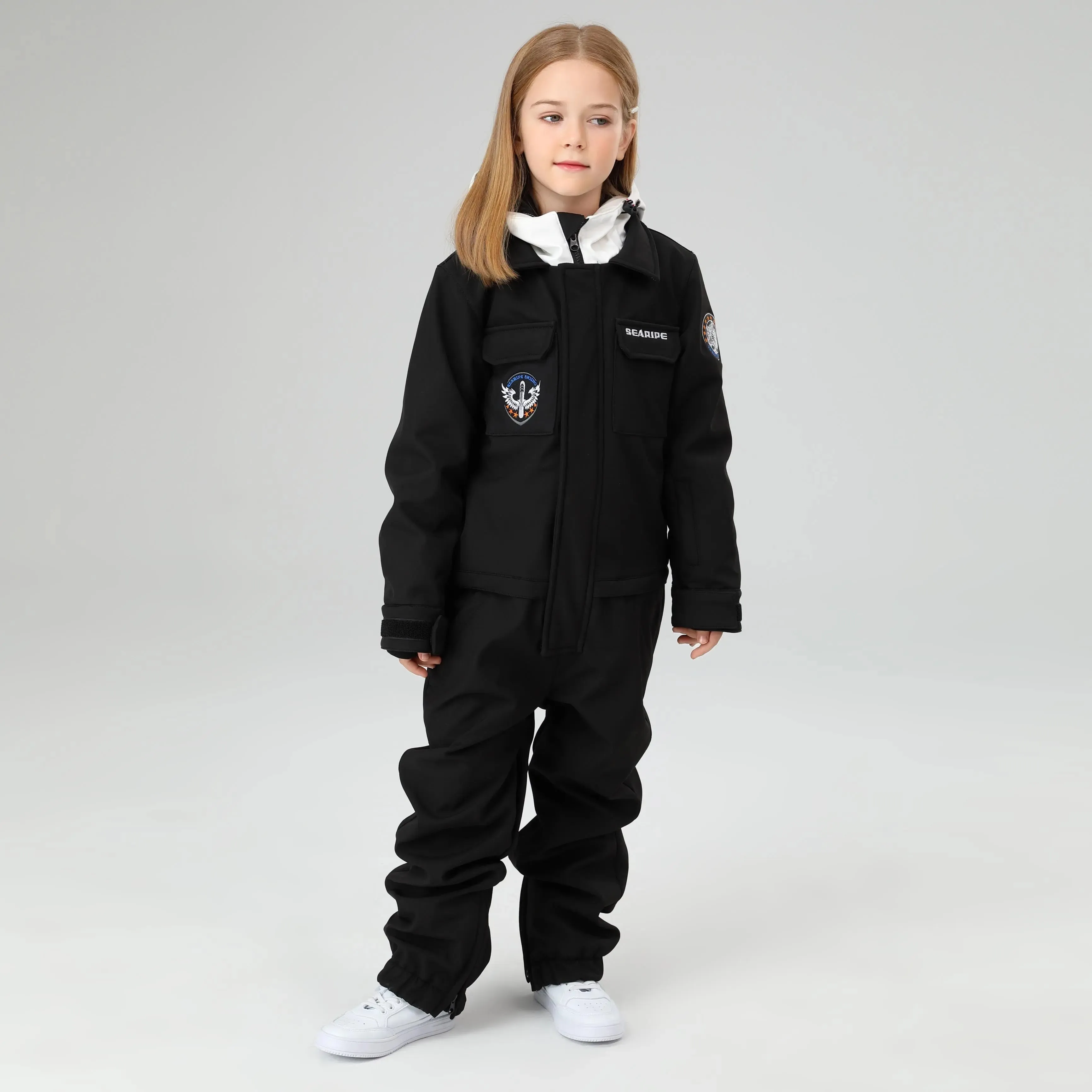 HOTIAN Girls Contrast Hooded Cargo One Piece Ski Jumpsuit With Side Zip