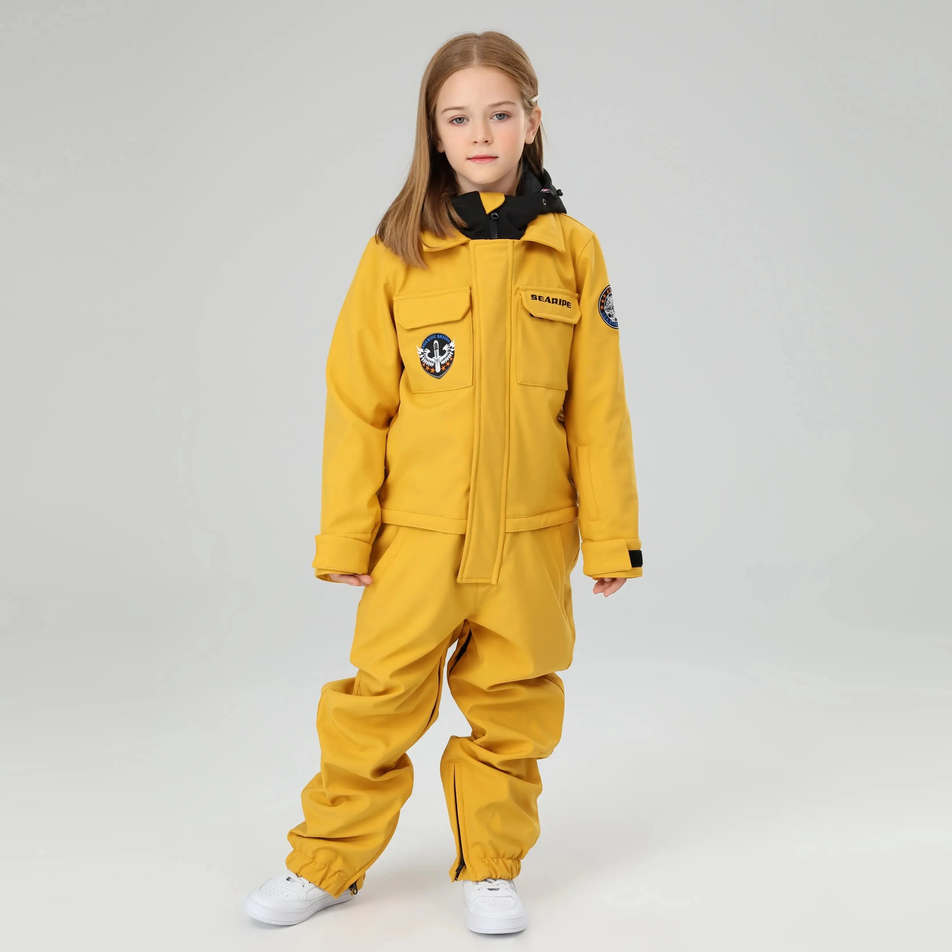 HOTIAN Girls Contrast Hooded Cargo One Piece Ski Jumpsuit With Side Zip
