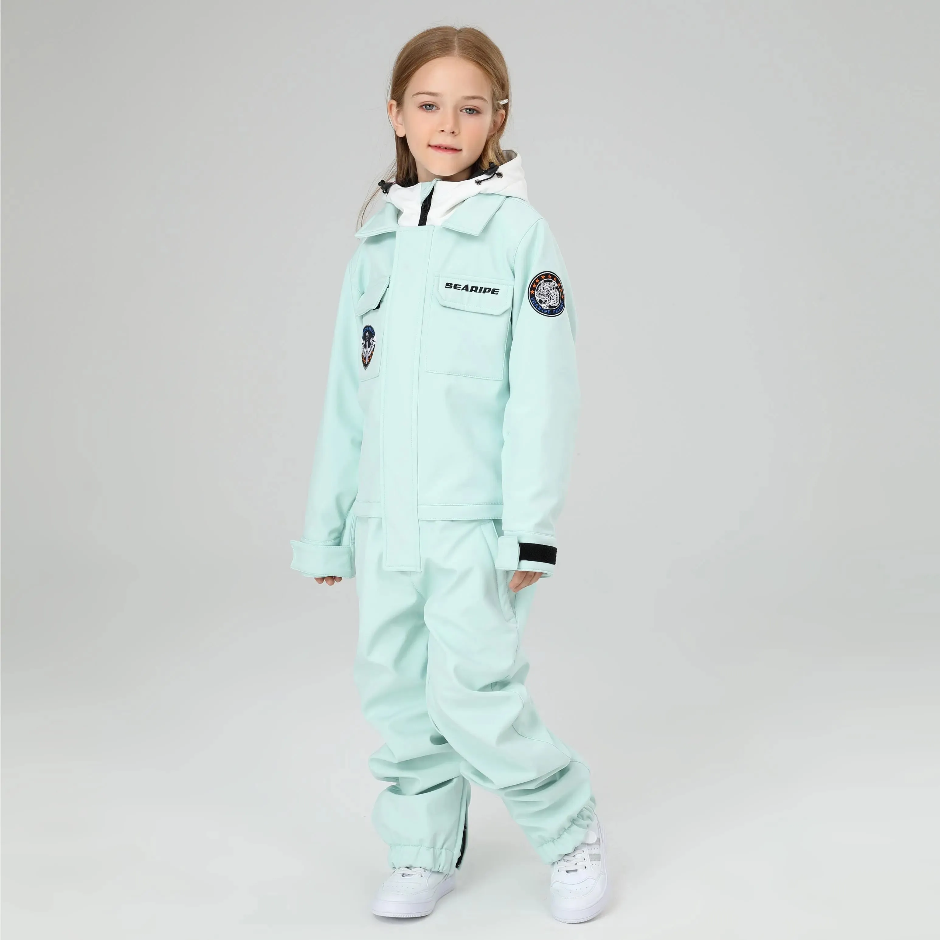 HOTIAN Girls Contrast Hooded Cargo One Piece Ski Jumpsuit With Side Zip