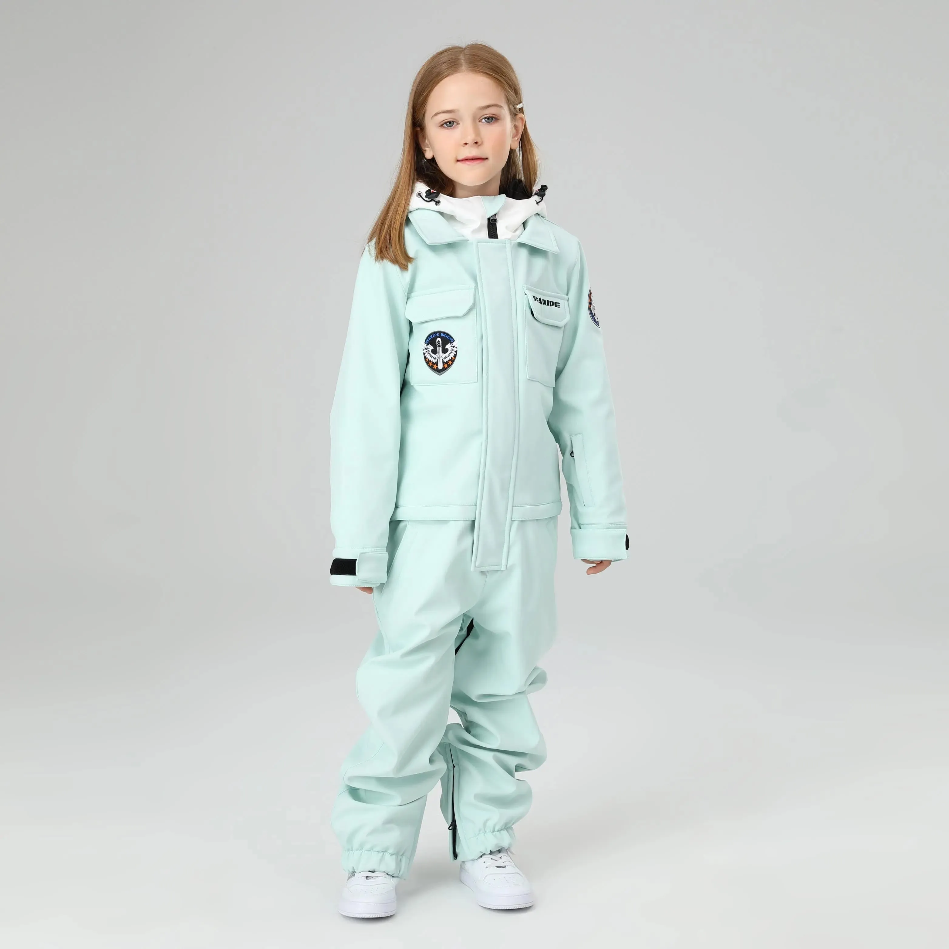 HOTIAN Girls Contrast Hooded Cargo One Piece Ski Jumpsuit With Side Zip