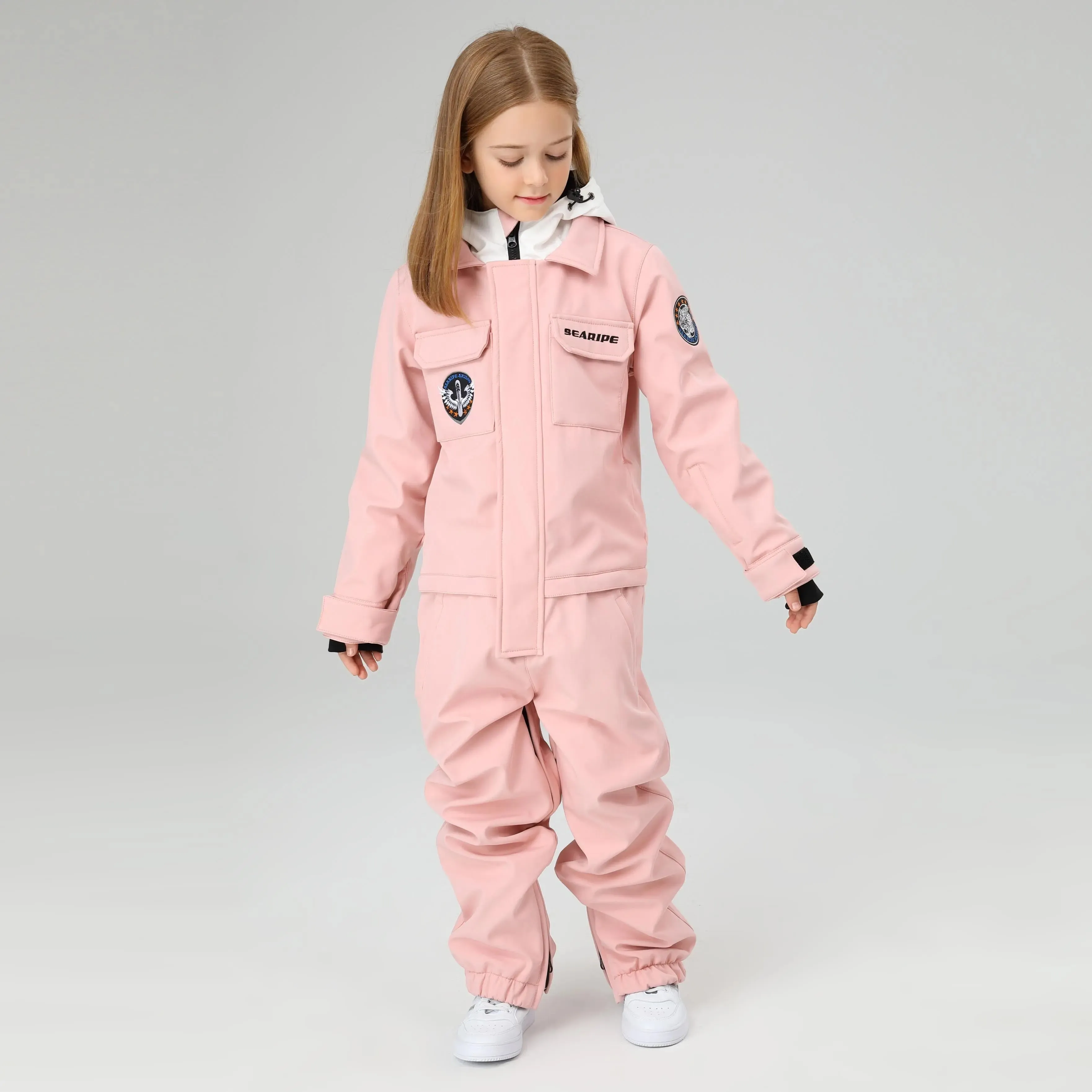 HOTIAN Girls Contrast Hooded Cargo One Piece Ski Jumpsuit With Side Zip