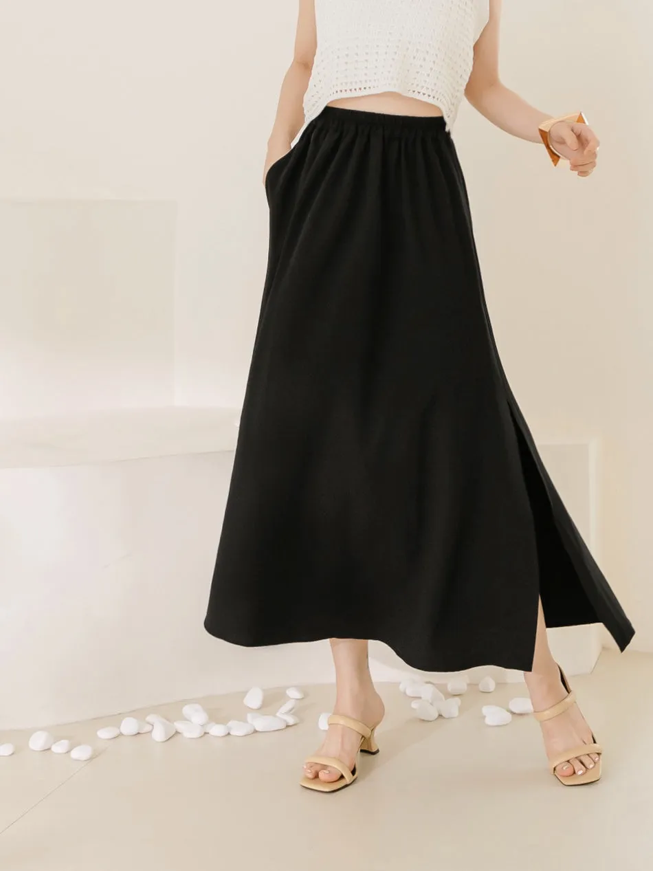 Korean Wrinkle Free Elastic Waist Slit Long Maxi Skirt