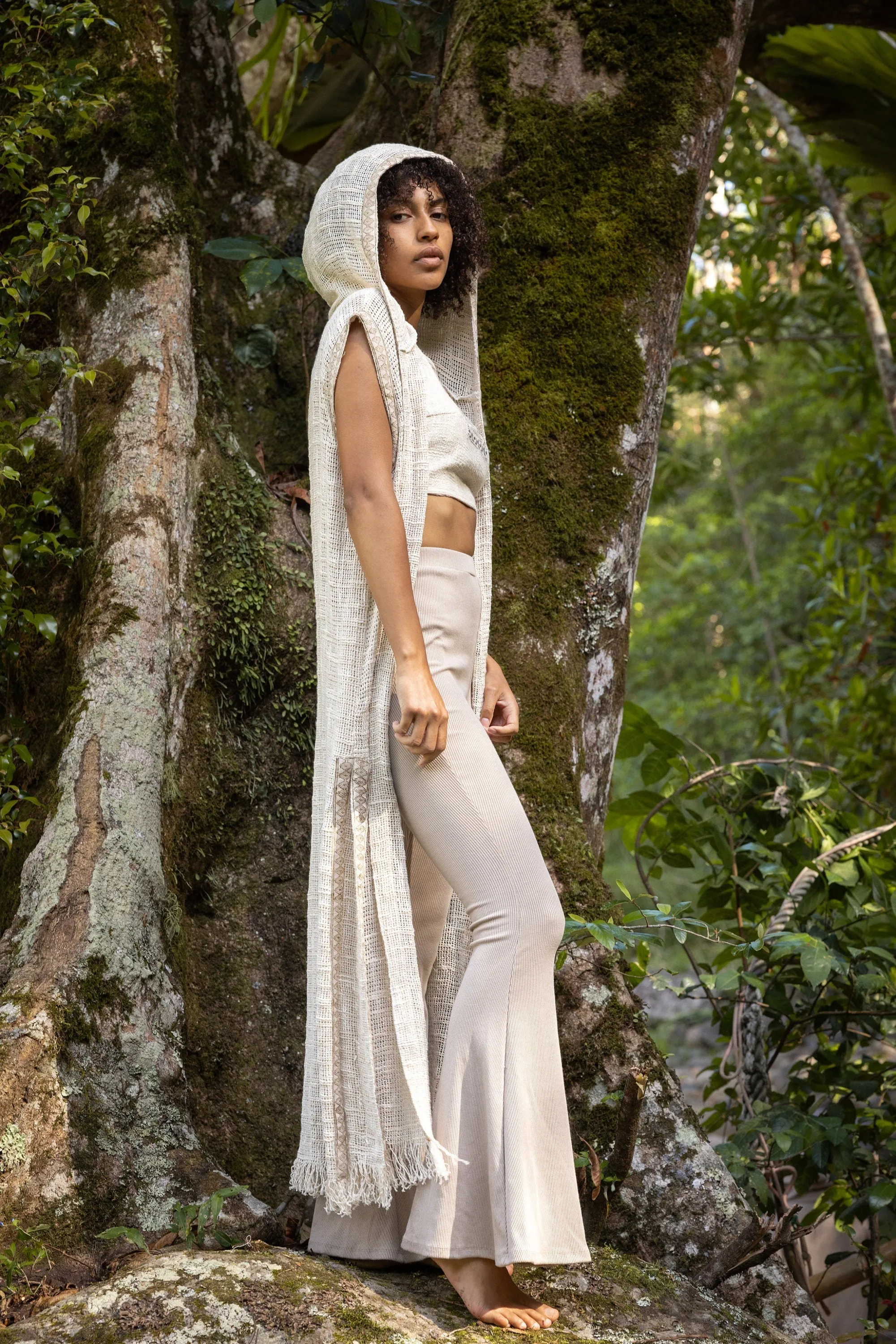 LALIKA Black Womens Long Hooded Vest Large Hood Natural Netted Cotton Festival Ceremony Tribal Dystopian Cyberpunk Steampunk Gypsy AJJAYA