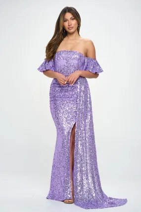 Lavender Off-The-Shoulder Sequins Maxi Formal