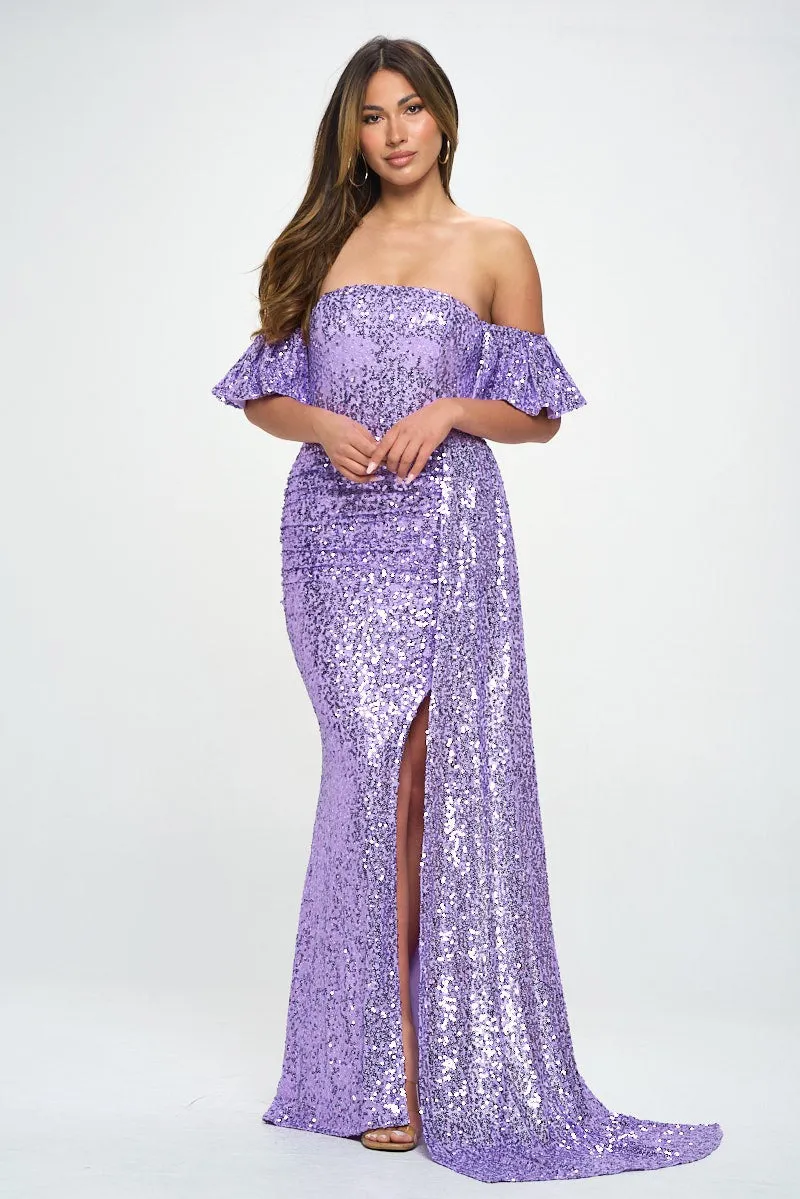 Lavender Off-The-Shoulder Sequins Maxi Formal