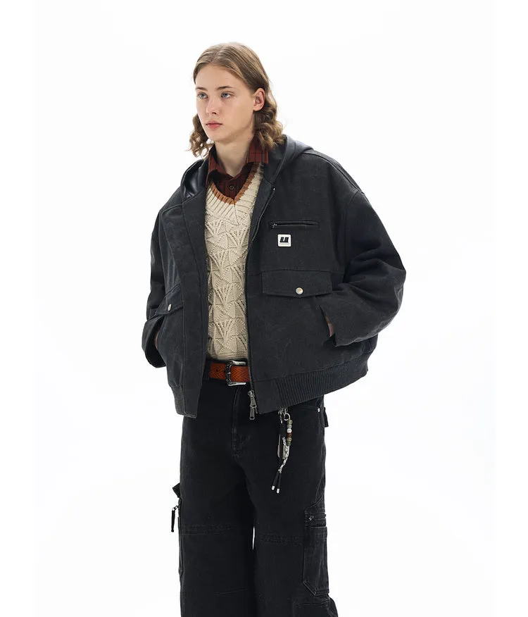 Leather bomber hooded jacket