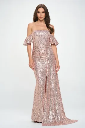 Mauve Off-The-Shoulder Sequins Maxi Formal