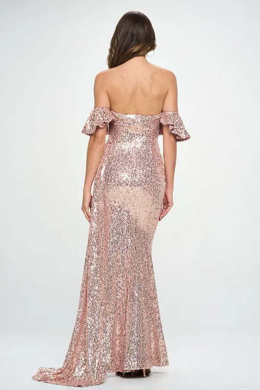 Mauve Off-The-Shoulder Sequins Maxi Formal