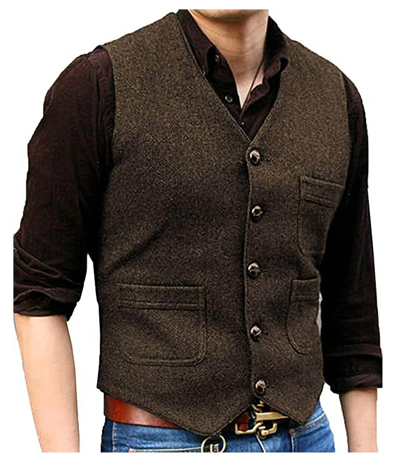 Men's Casual Tweed Herringbone V Neck Waistcoat