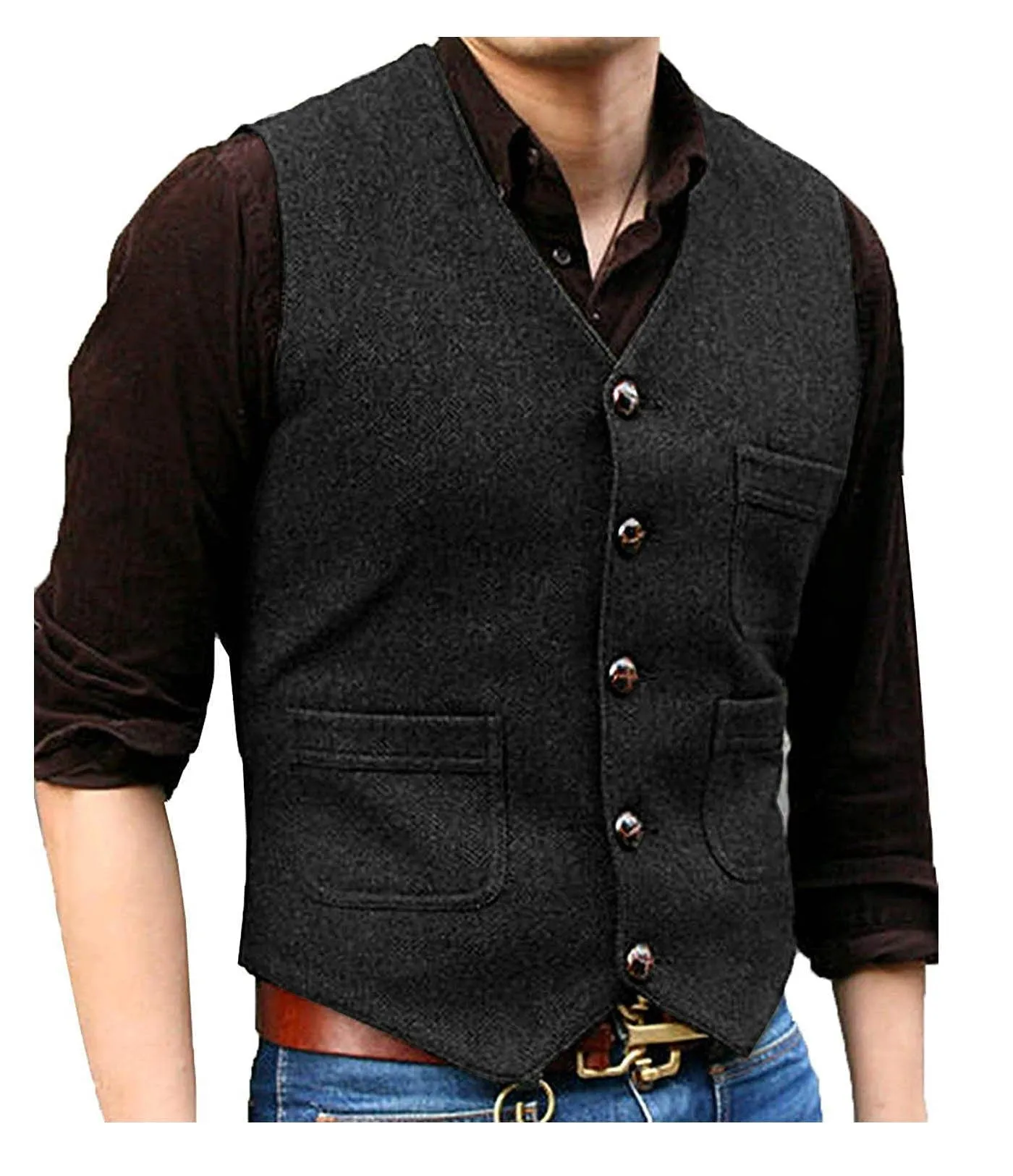 Men's Casual Tweed Herringbone V Neck Waistcoat