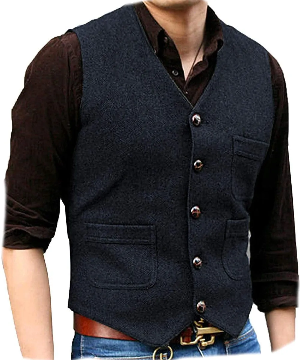 Men's Casual Tweed Herringbone V Neck Waistcoat