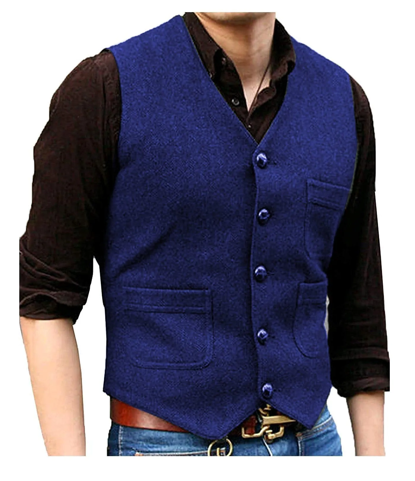 Men's Casual Tweed Herringbone V Neck Waistcoat