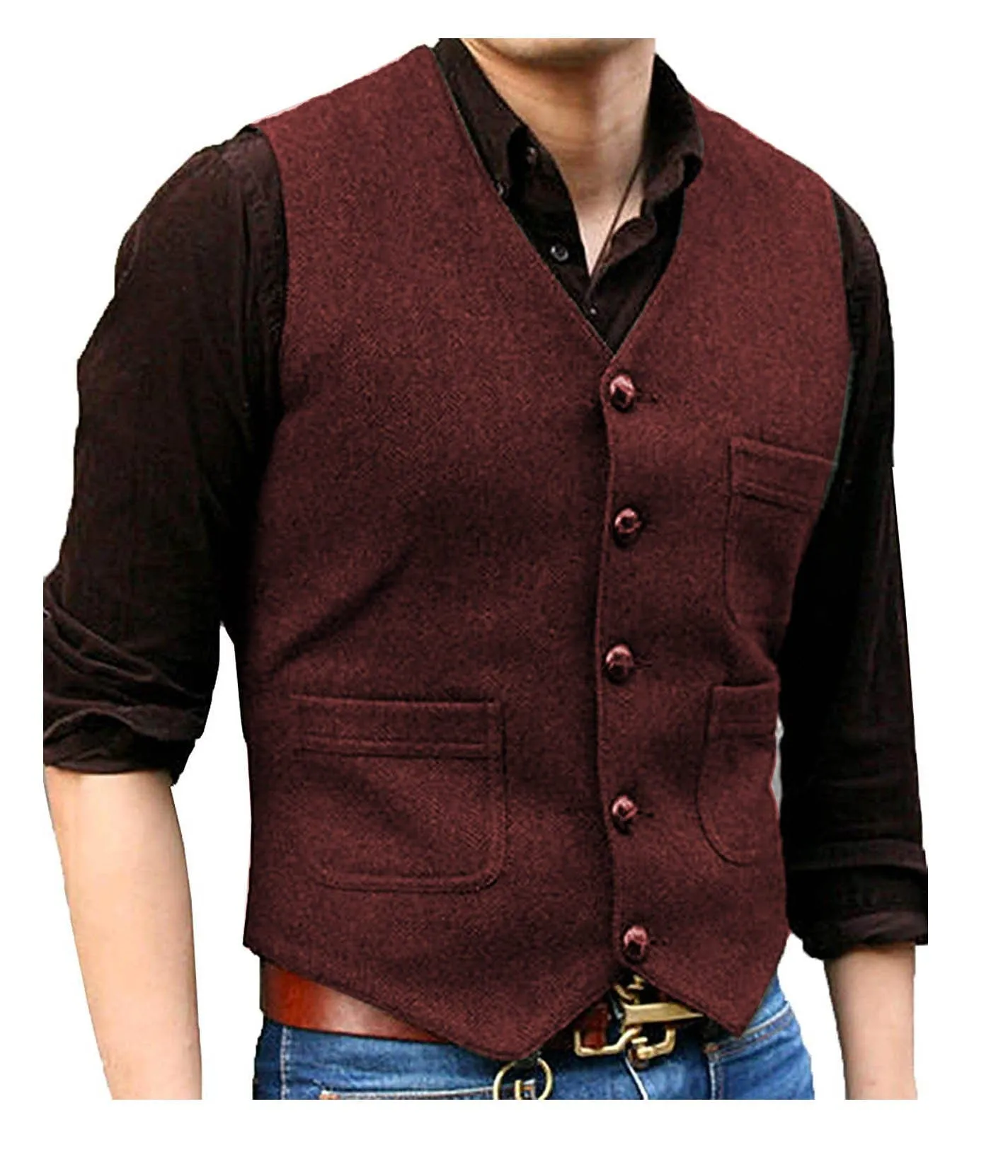 Men's Casual Tweed Herringbone V Neck Waistcoat