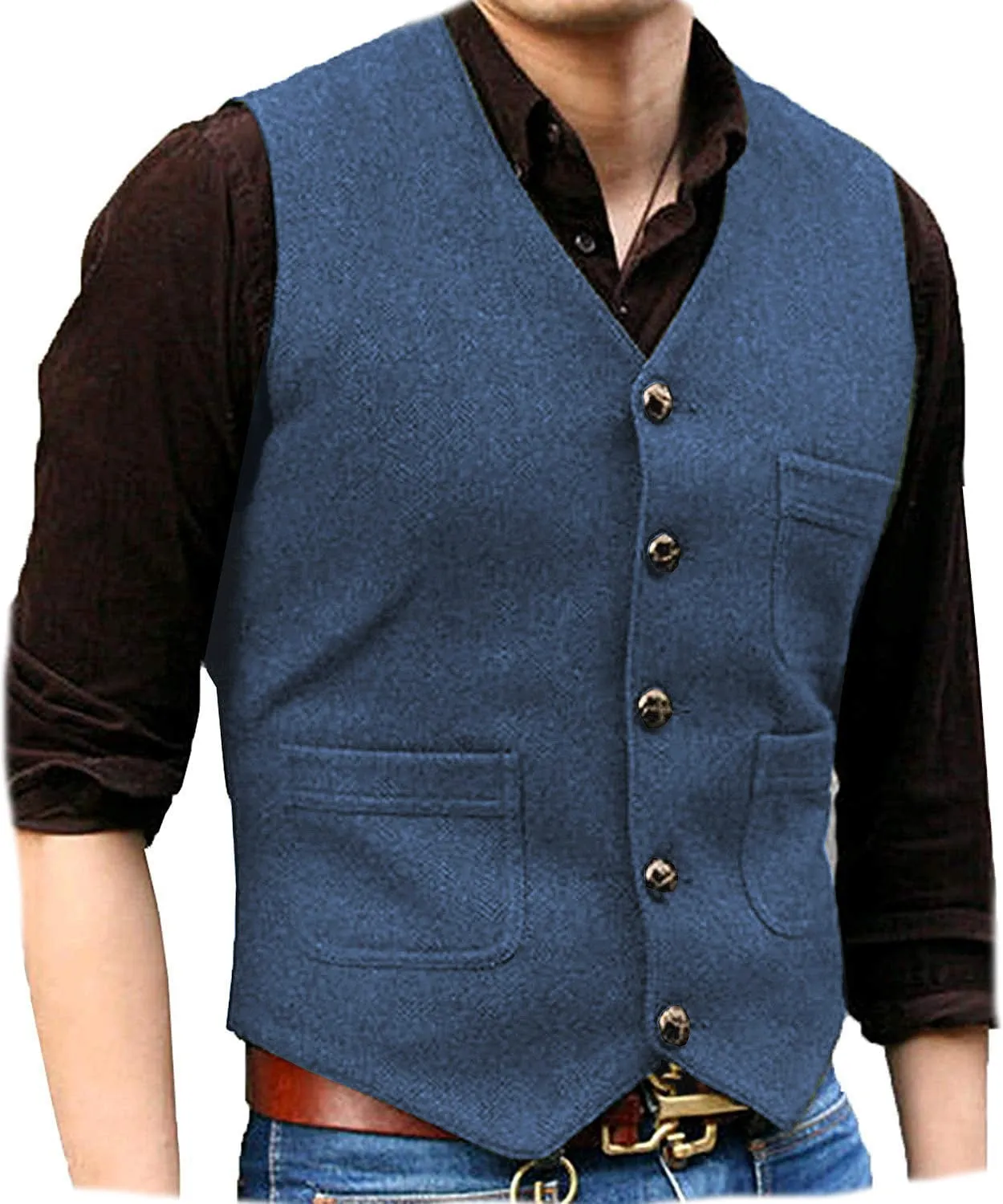 Men's Casual Tweed Herringbone V Neck Waistcoat