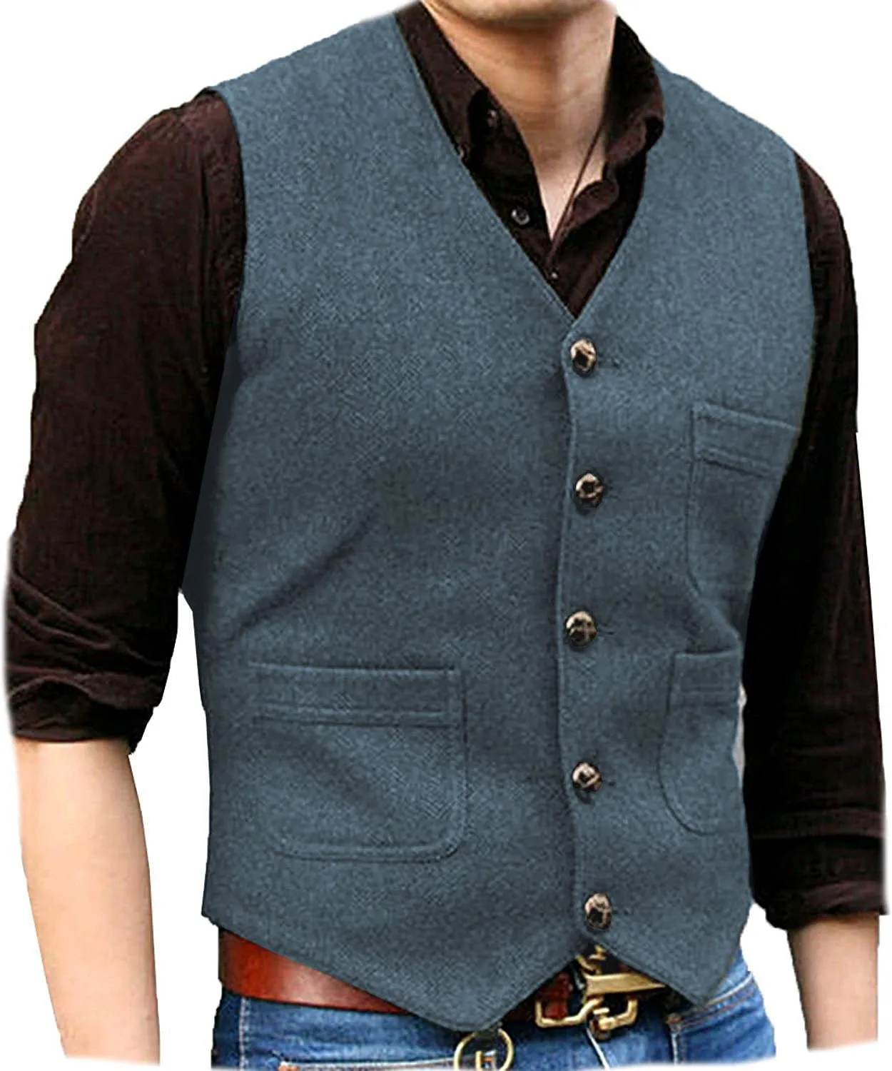 Men's Casual Tweed Herringbone V Neck Waistcoat