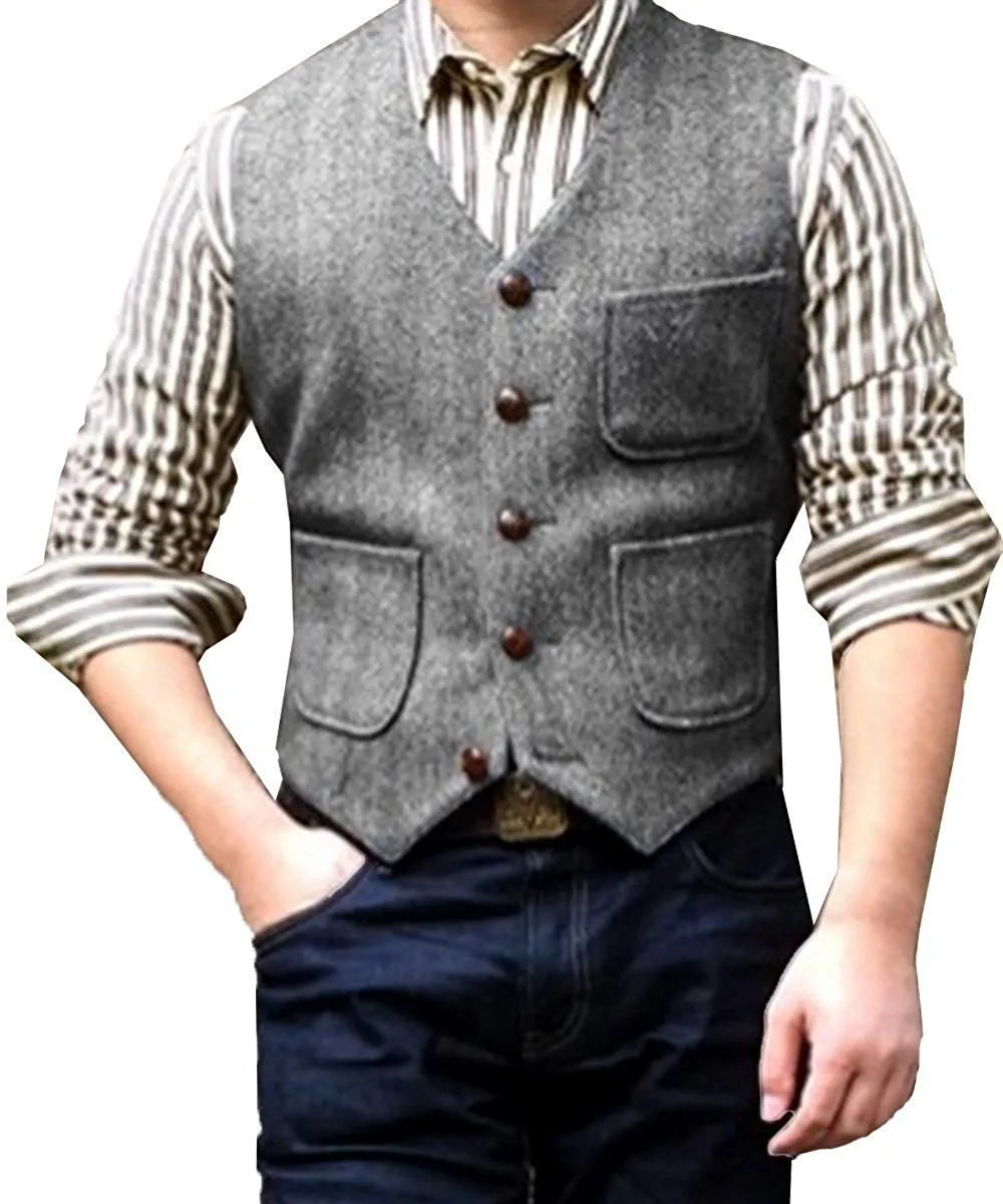 Men's Casual Tweed Herringbone V Neck Waistcoat