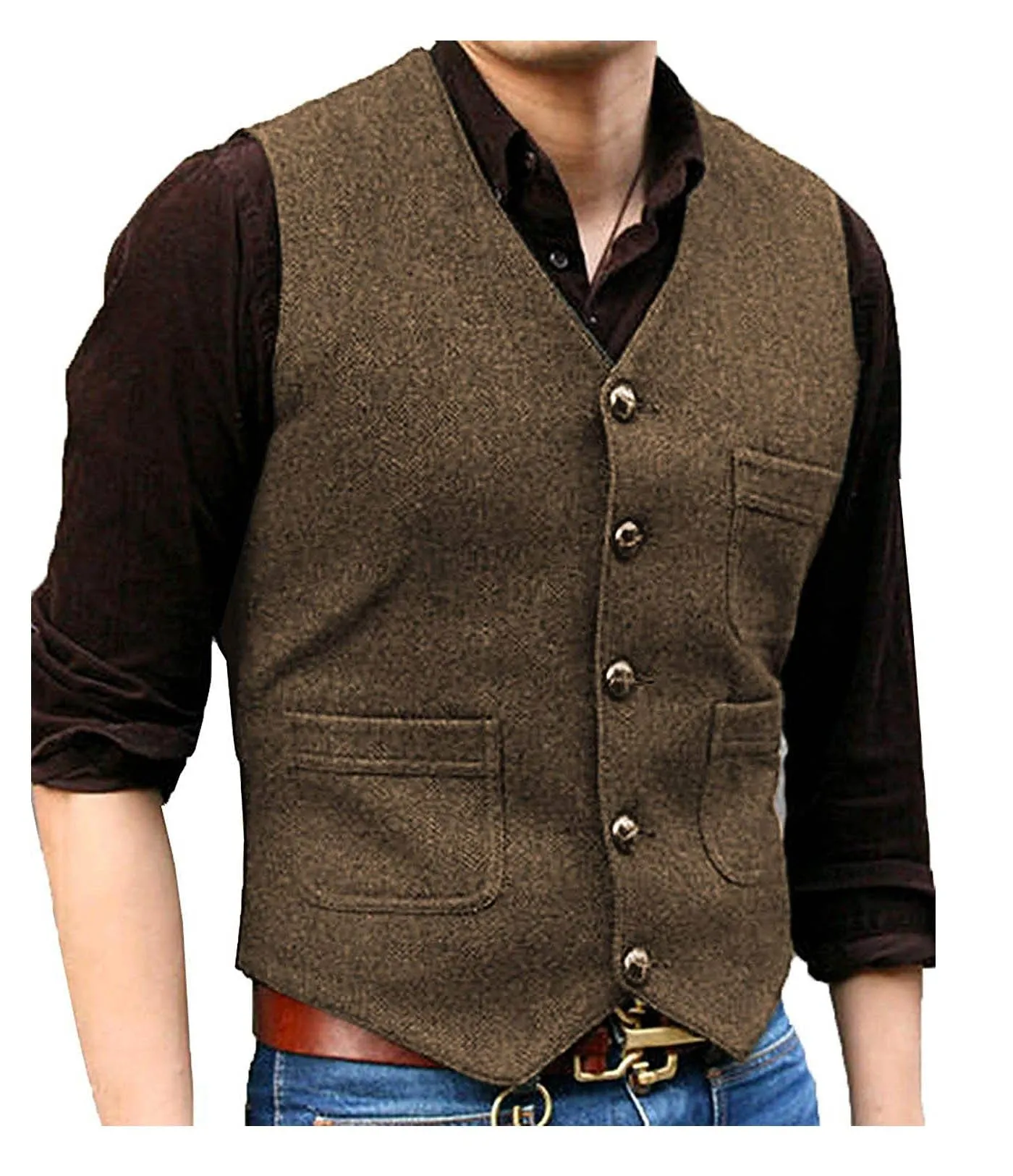 Men's Casual Tweed Herringbone V Neck Waistcoat