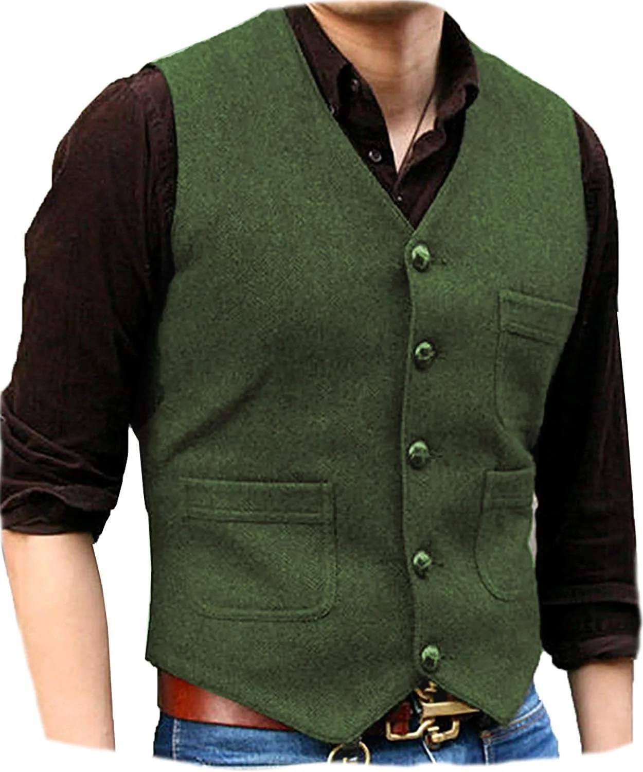 Men's Casual Tweed Herringbone V Neck Waistcoat