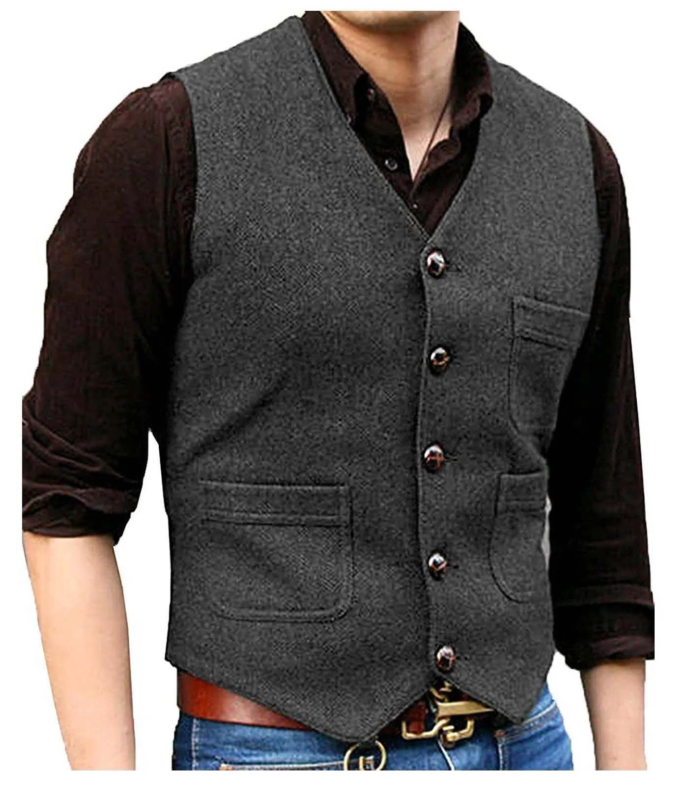 Men's Casual Tweed Herringbone V Neck Waistcoat