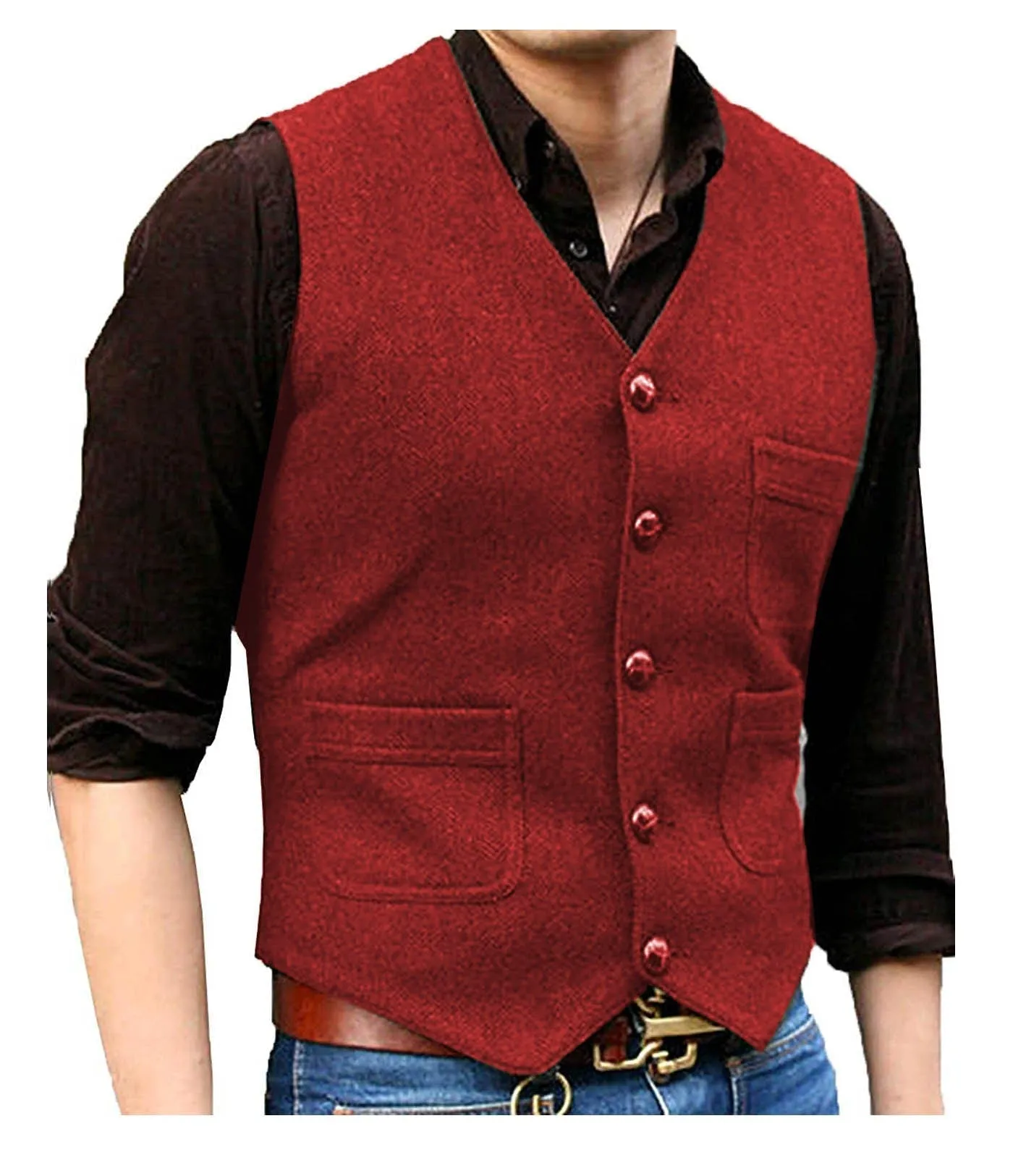 Men's Casual Tweed Herringbone V Neck Waistcoat