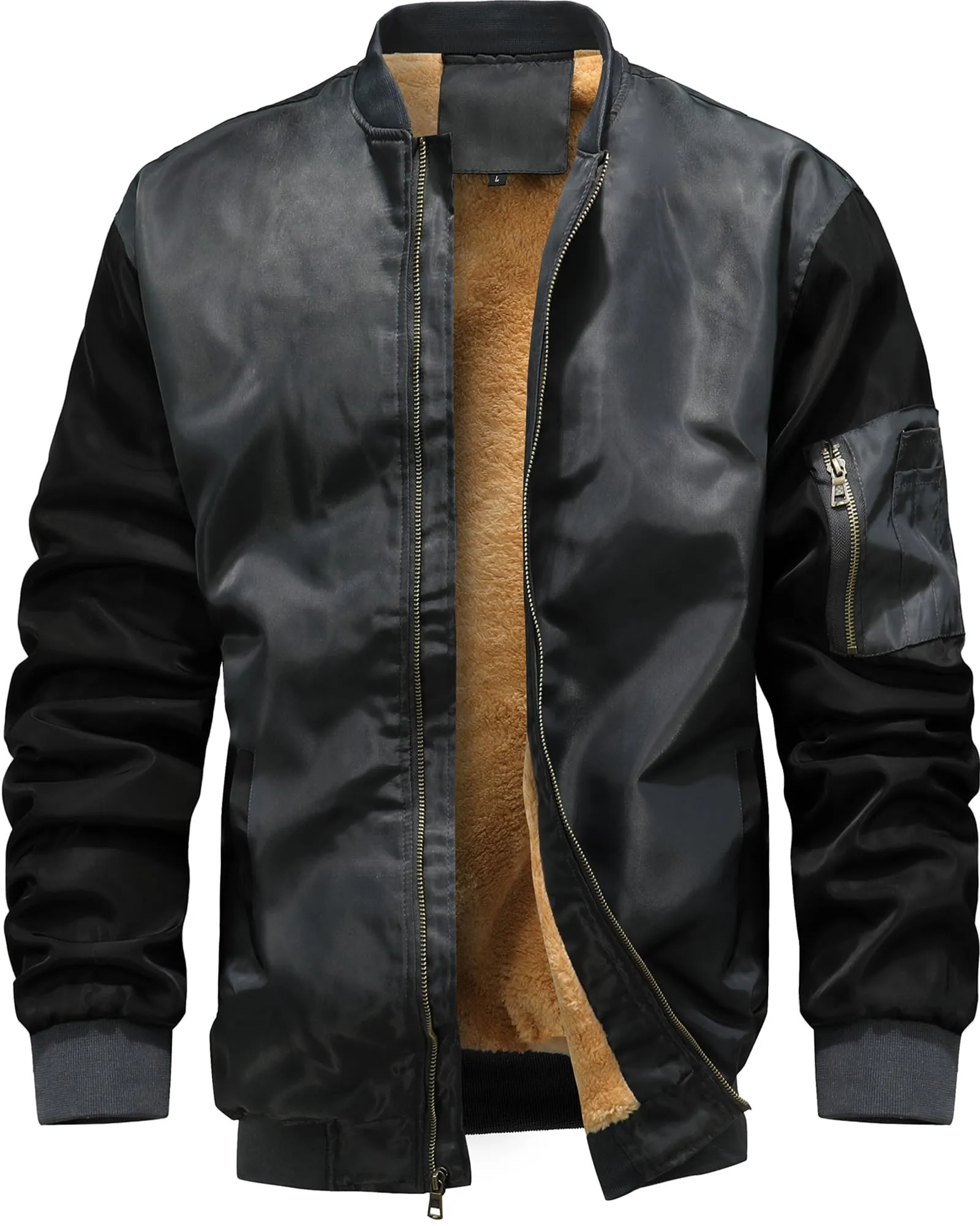 Men's Sherpa Lined Black/Grey Windproof Bomber Jacket