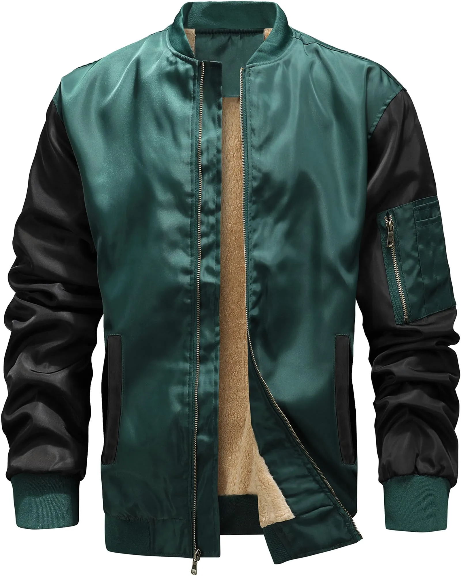 Men's Sherpa Lined Khaki/Black Windproof Bomber Jacket