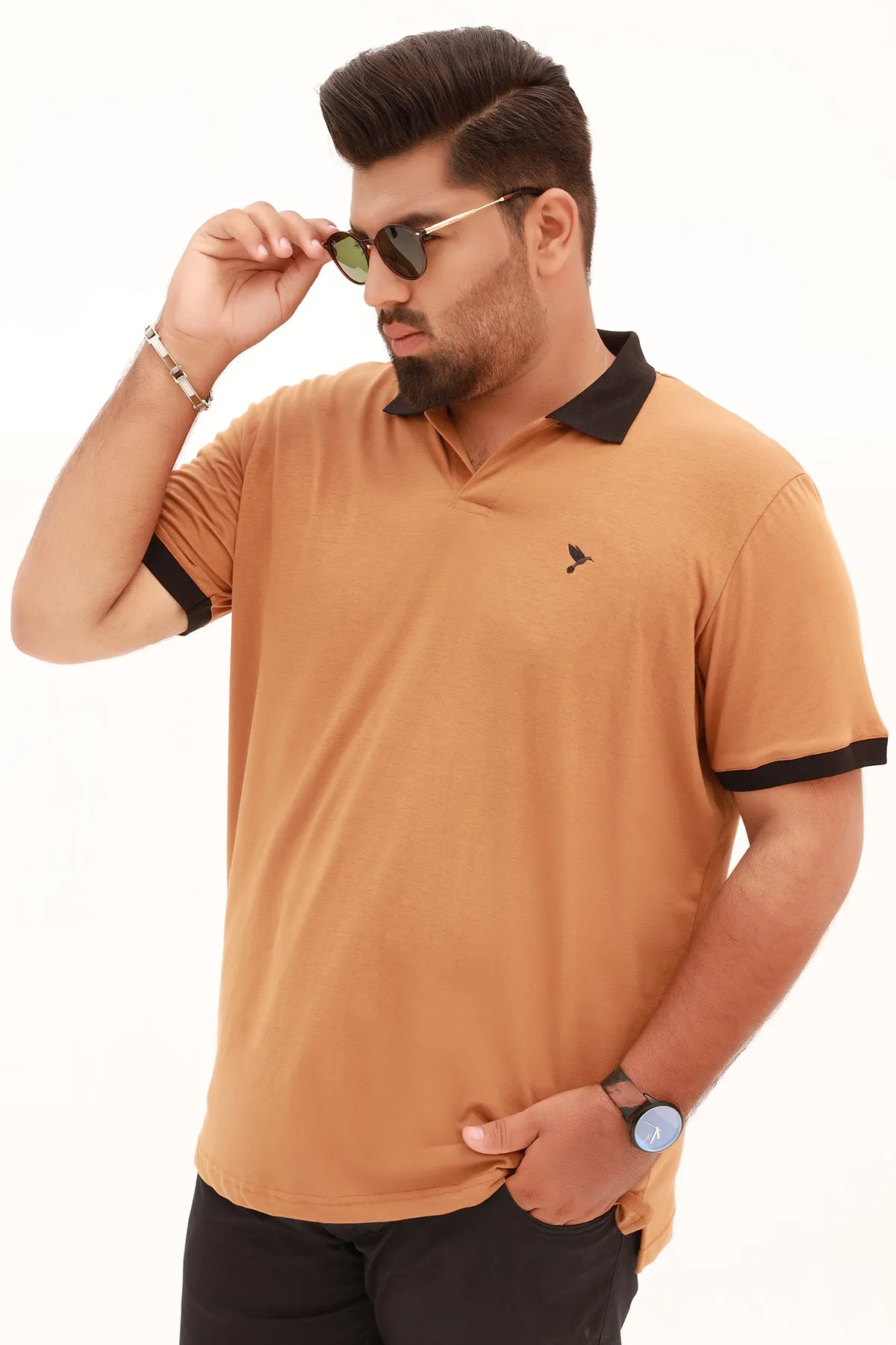 Pecan Brown Contrast Embroidered Polo Shirt (Plus Size) - S22 - MP0114P