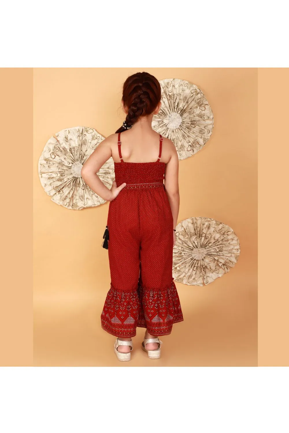 Red Embroidered Cotton Sleeveless Jumpsuit