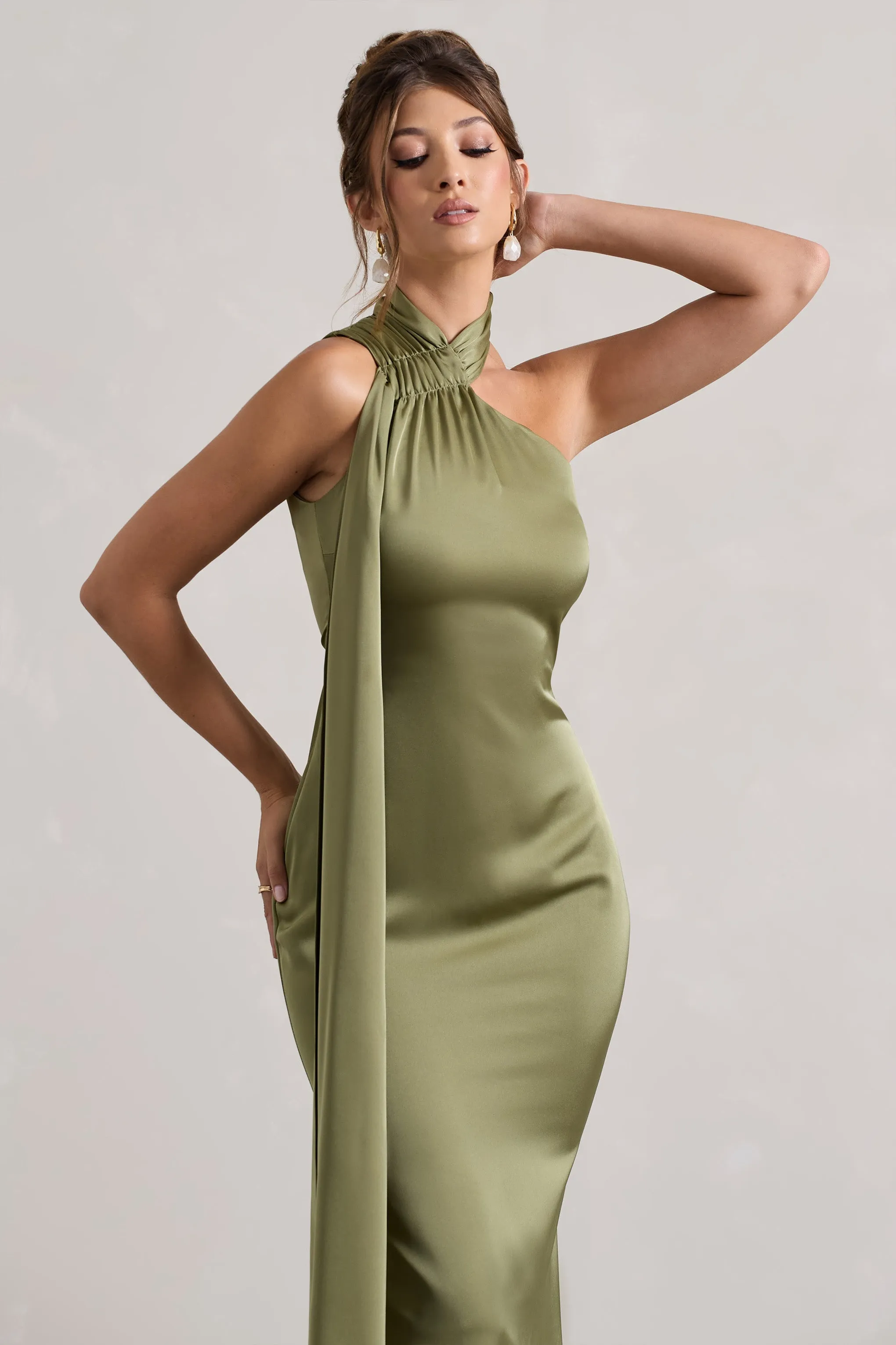 Sancia | Olive Satin Asymmetric Maxi Dress With Sash