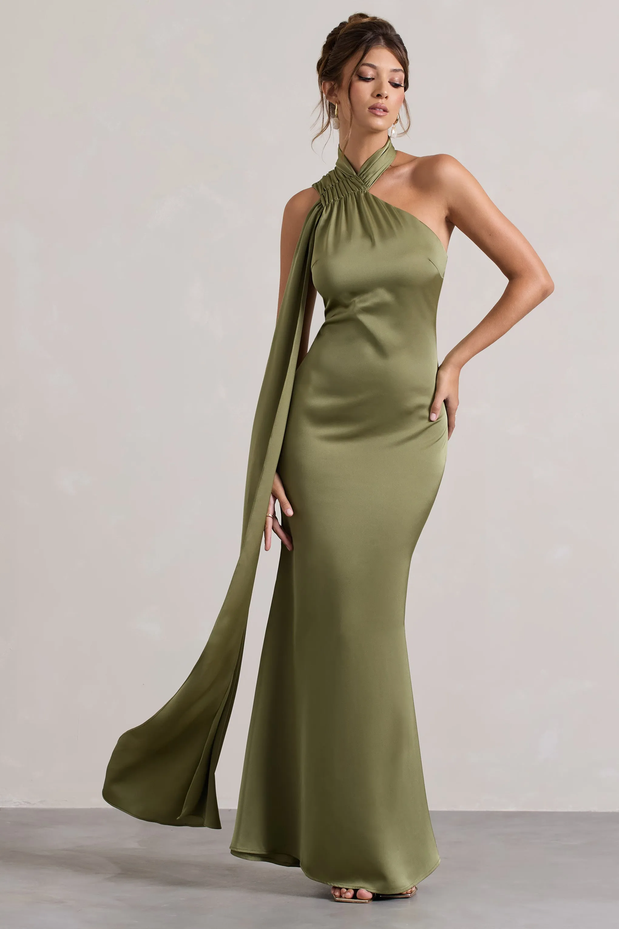 Sancia | Olive Satin Asymmetric Maxi Dress With Sash