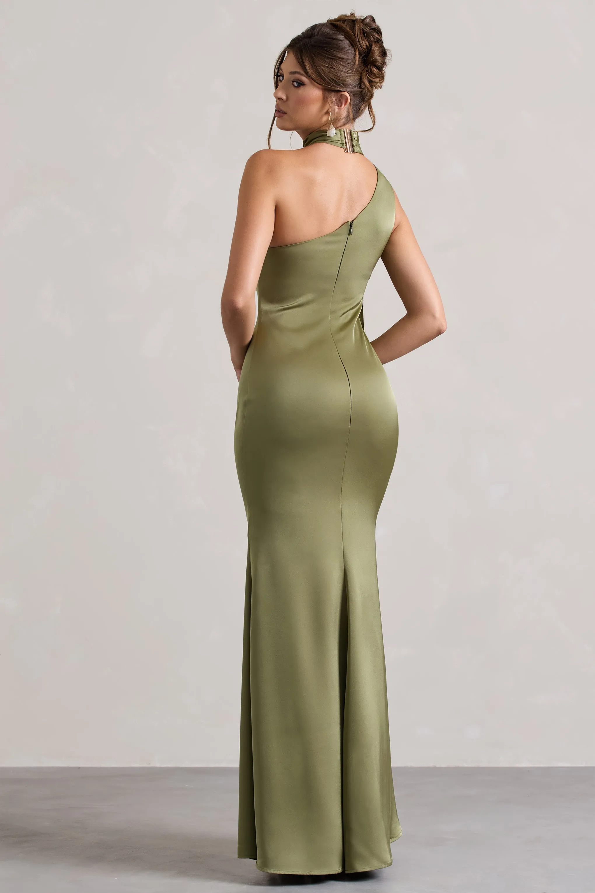 Sancia | Olive Satin Asymmetric Maxi Dress With Sash