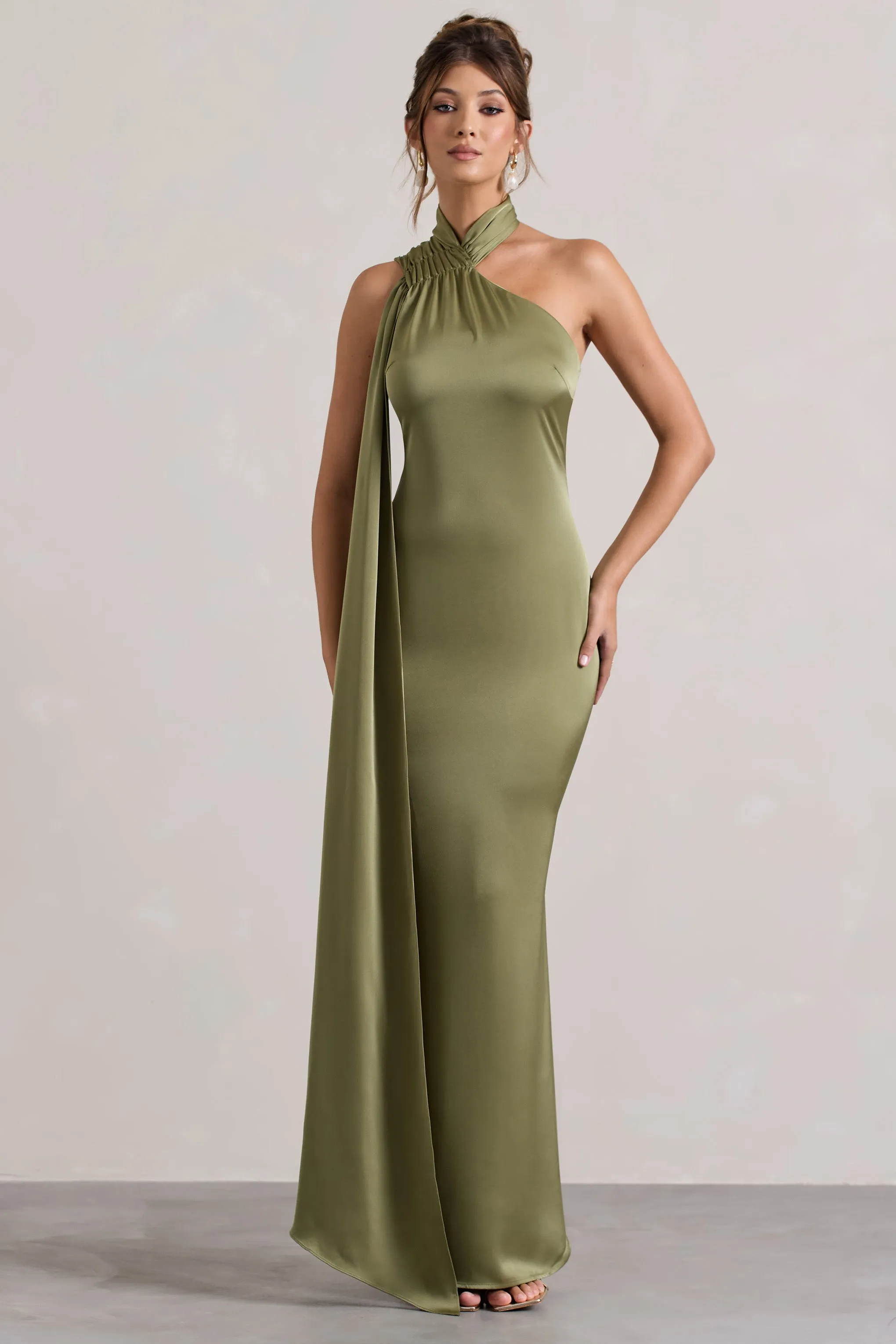 Sancia | Olive Satin Asymmetric Maxi Dress With Sash