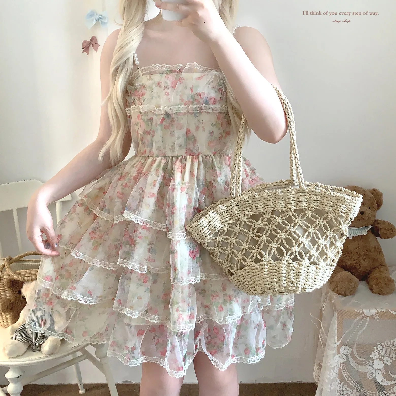 sleepingdoll Mesh Layered Print Cake Pearl Suspender Skirt