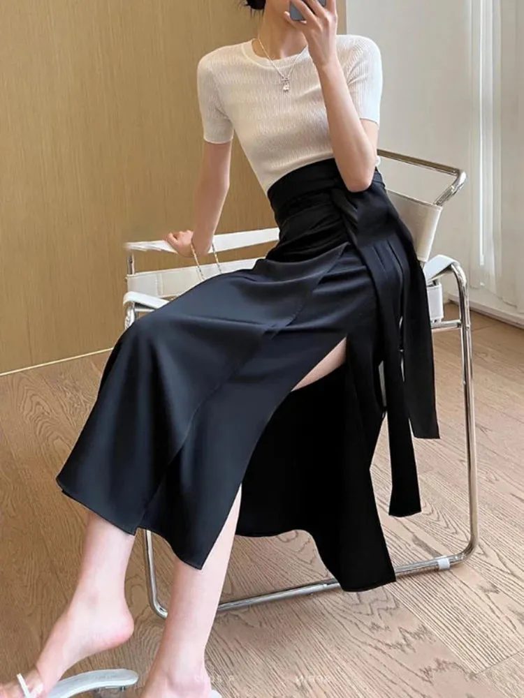 Spliced Belt Midi Skirts Female High Waist Side Split Solid Casual A Line Skirt For Women Clothing Style Fashion
