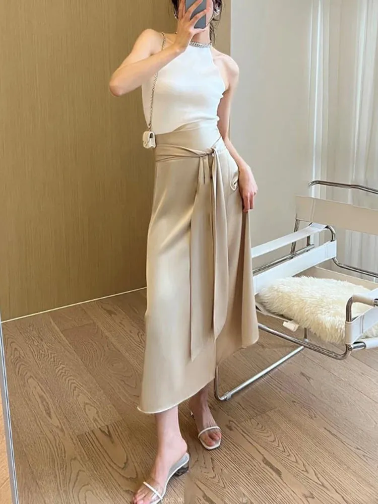 Spliced Belt Midi Skirts Female High Waist Side Split Solid Casual A Line Skirt For Women Clothing Style Fashion
