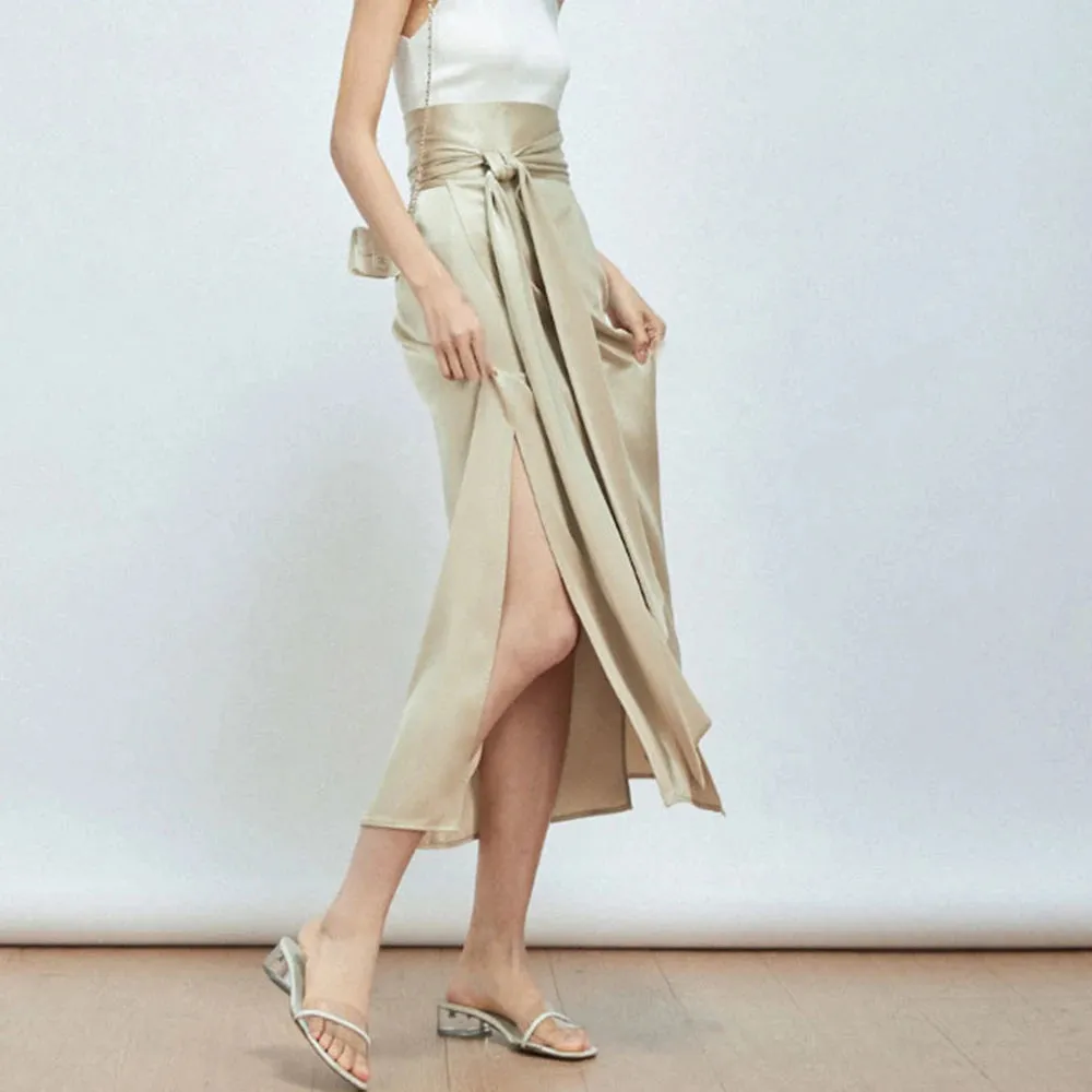 Spliced Belt Midi Skirts Female High Waist Side Split Solid Casual A Line Skirt For Women Clothing Style Fashion