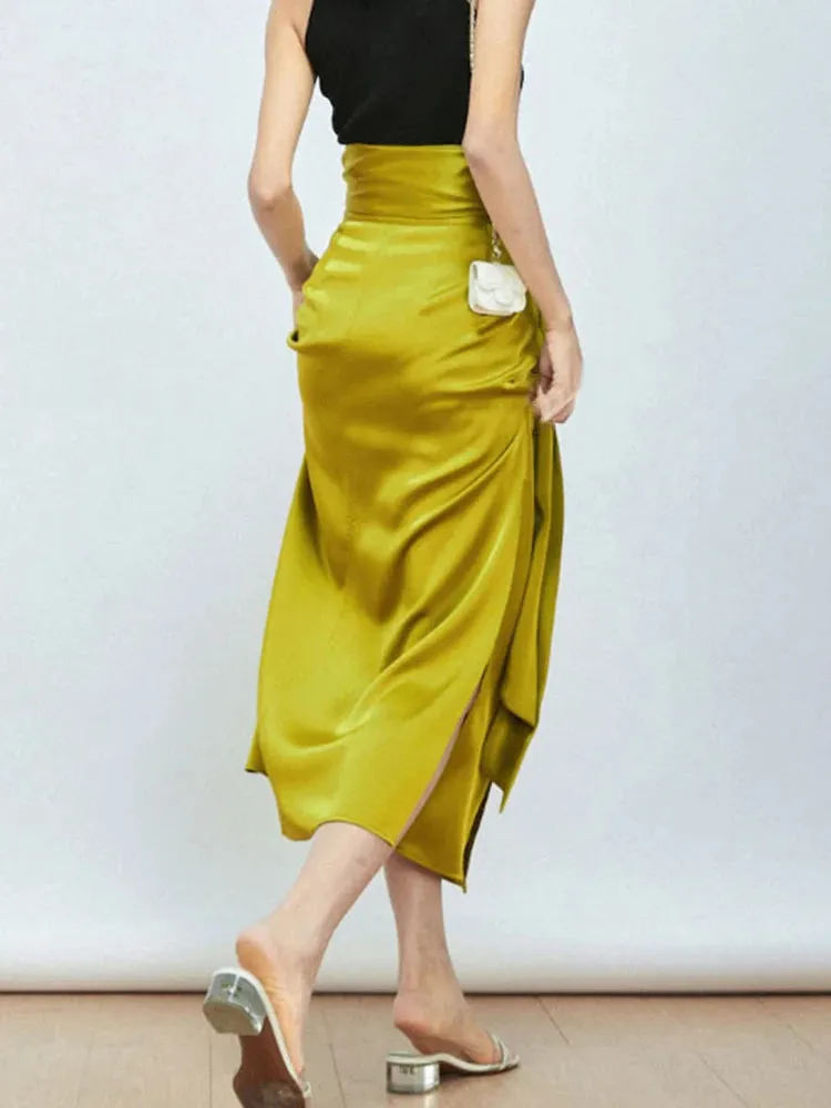 Spliced Belt Midi Skirts Female High Waist Side Split Solid Casual A Line Skirt For Women Clothing Style Fashion
