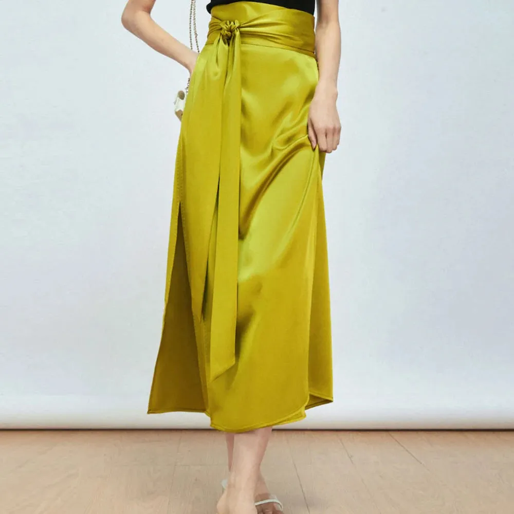Spliced Belt Midi Skirts Female High Waist Side Split Solid Casual A Line Skirt For Women Clothing Style Fashion