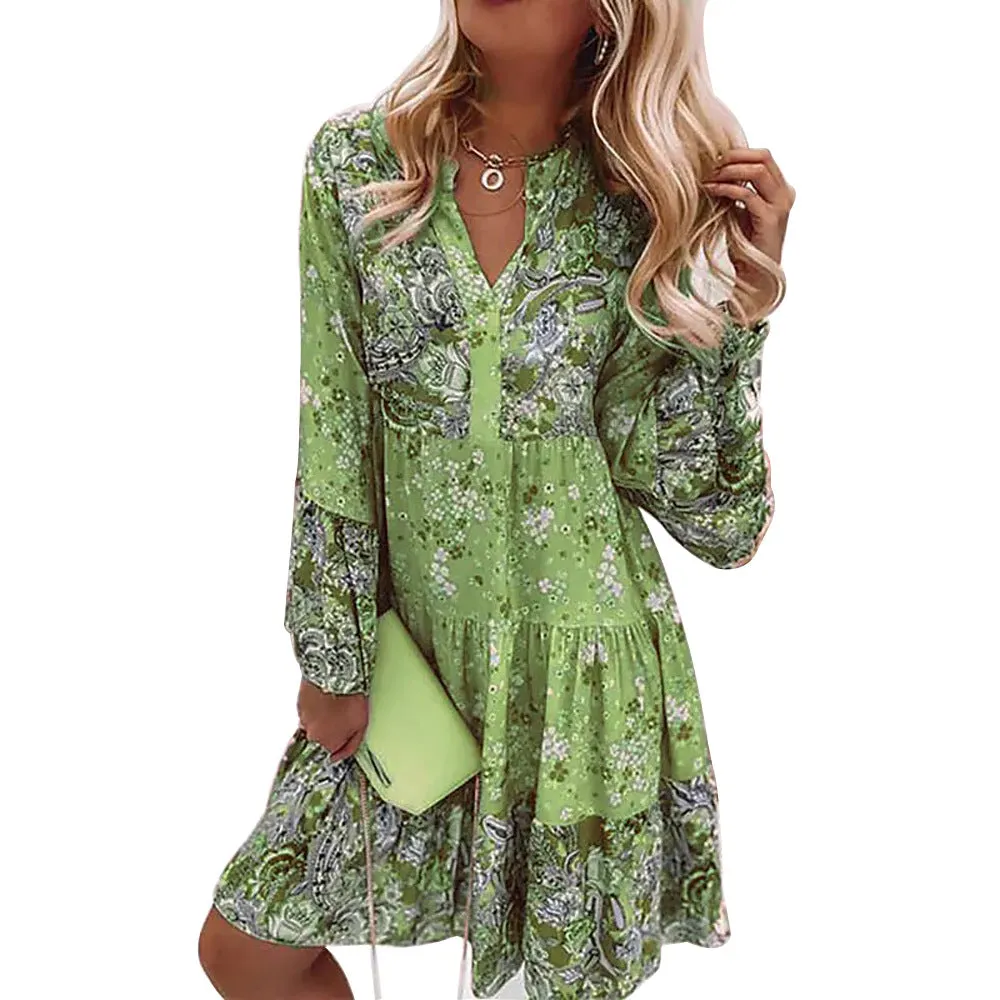 V-neck Floral Stitching Swing Printing Short Cropped Sleeves Layered Mini Dress