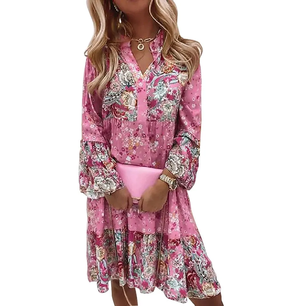 V-neck Floral Stitching Swing Printing Short Cropped Sleeves Layered Mini Dress