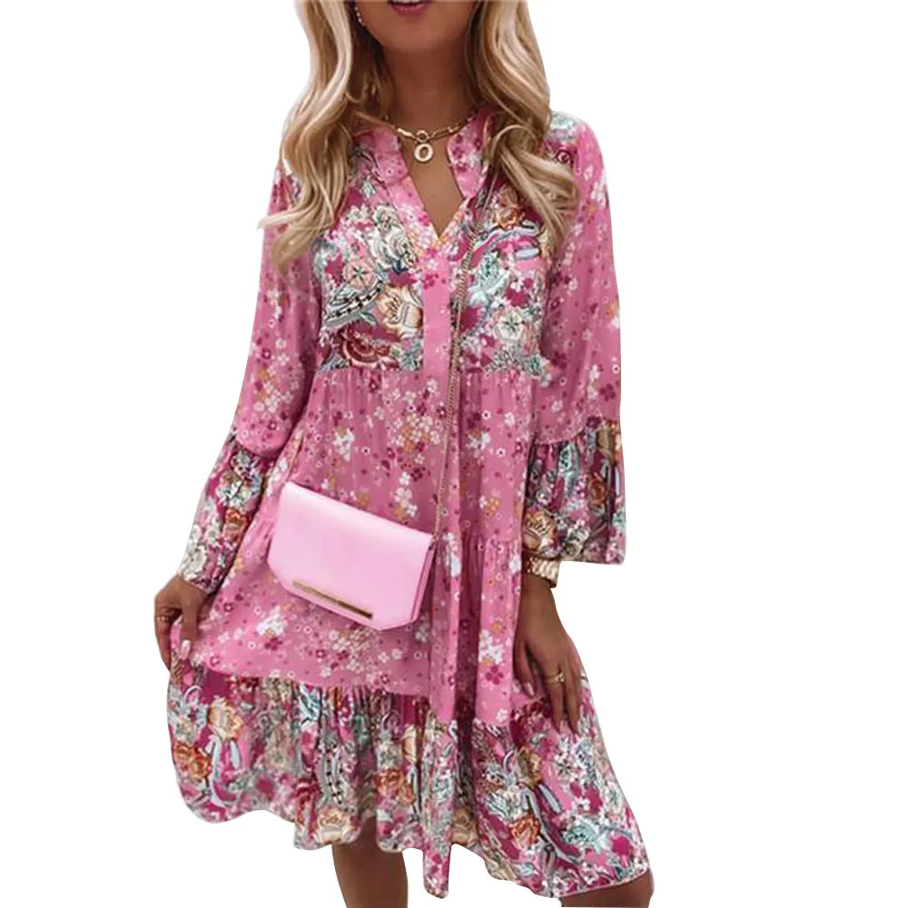 V-neck Floral Stitching Swing Printing Short Cropped Sleeves Layered Mini Dress