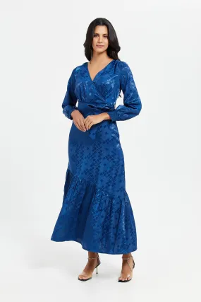 Women Blue Jacquard Belted Maxi Dress