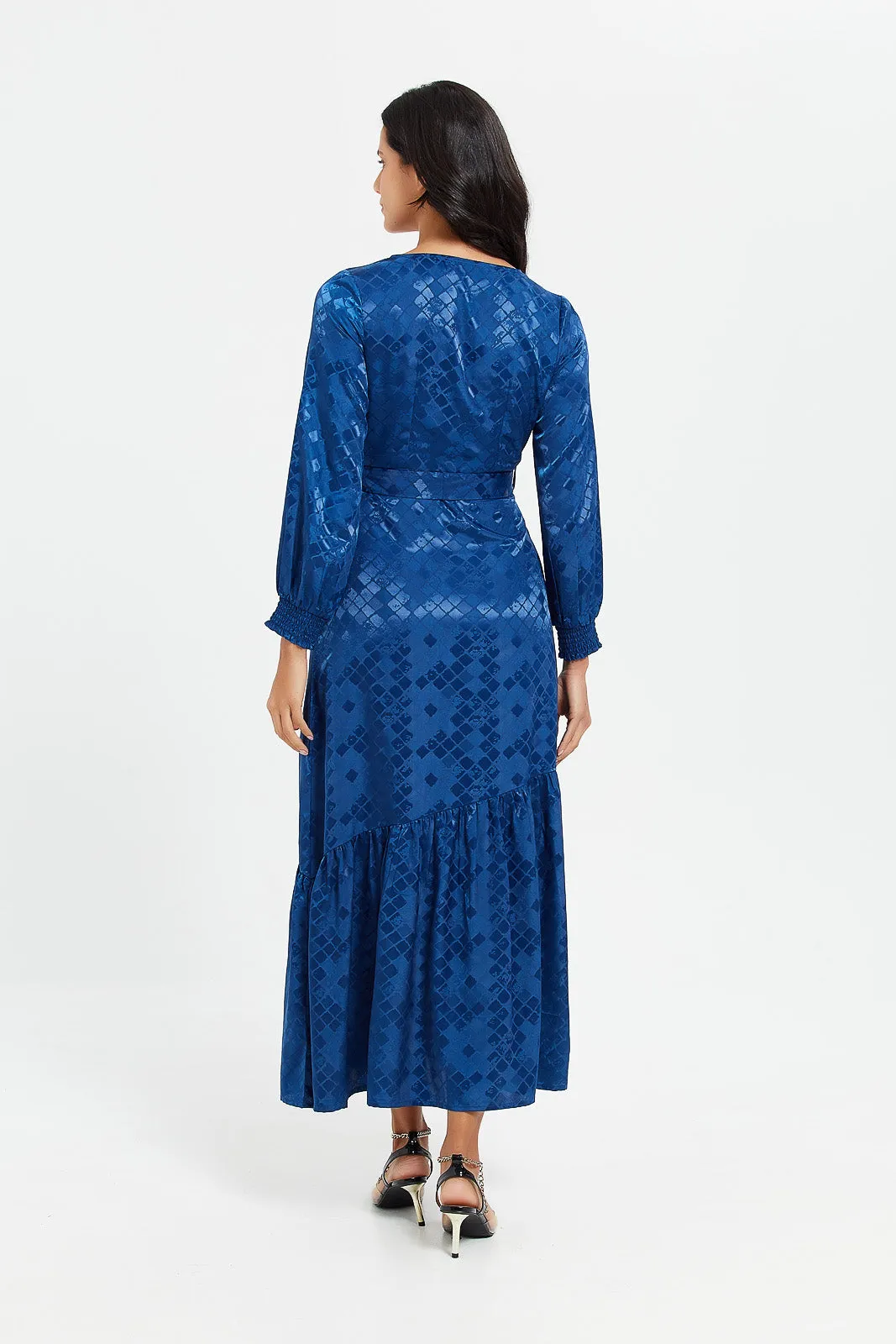 Women Blue Jacquard Belted Maxi Dress