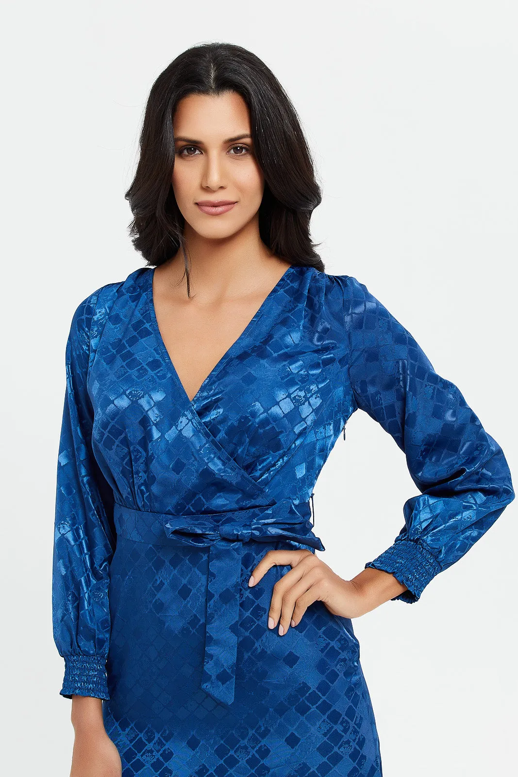 Women Blue Jacquard Belted Maxi Dress