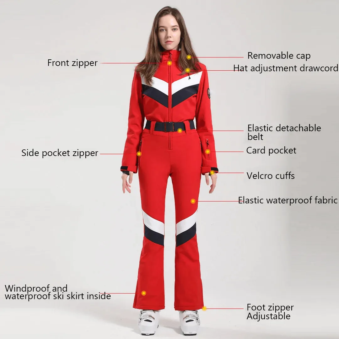 Women's Zipper Waterproof Snowboard Jumpsuit With Buckle Belt - SF1781